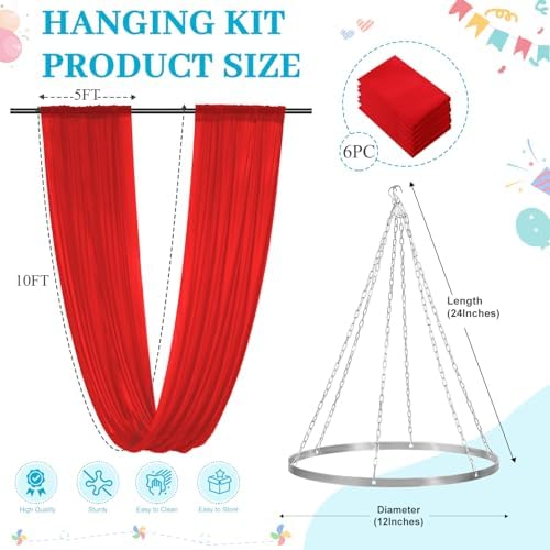Red Ceiling Drapes 6 Panels 5x10ft with 12 Inch Ceiling Drapes Hanging Kit Silver Ceiling Drape Hoop Ring Kit Chiffon Ceiling Fabric Draping Fabric for Wedding Party Ceremony Decorations - Image 3