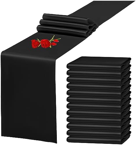 12 Pack Black Satin Table Runner 12 x 108 Inch Long Premium Table Runners for Wedding Party Events Decoration, Birthday Parties, Banquets Decorations, Graduations, Engagements by YMHPRIDE