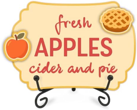 Fall Table Sign 5x7 Inch Seasonal Autumn Decor, Rustic Party Centerpiece with Metal Stand & 2 DIY Stickable Wood Decor, Fresh Apples Cider And Pie Table Decoration for Home & Party Display - B01 by AMHGLW