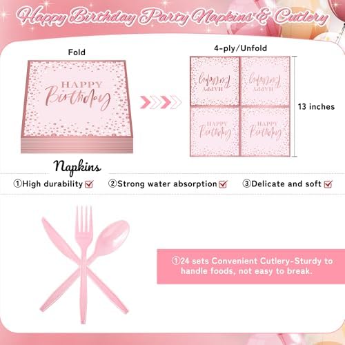 Pink Rose Gold Happy Birthday Party Plates, 168PCS Birthday Party Supplies - Image 4