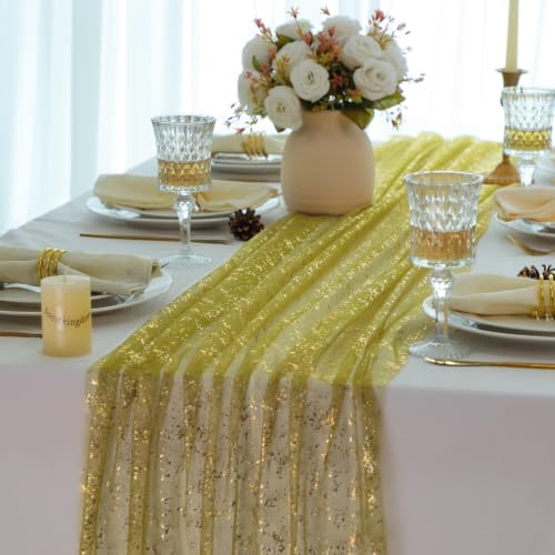 10Pcs Olive Green Gold Table Runner Metallic Foil Shimmer Sheer Gauze 10ft - Image 4