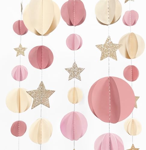 Champagne Gold Dusty Rose Pink Beige 3D Polka Dot Star Hanging Streamer Circle Dot Star Garland Banner for Birthday Bridal Shower Engagement Wedding Hen Party Decorations Supplies - Image 4