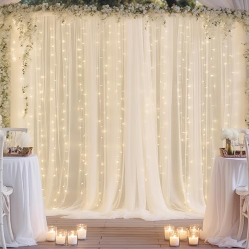 30ft x 10ft Ivory Backdrop Curtain with Lights String for Parties, Sheer Tulle Wedding Photo Backdrops Drapes for Baby Shower Birthday Party Decorations Background for Photography - Image 3