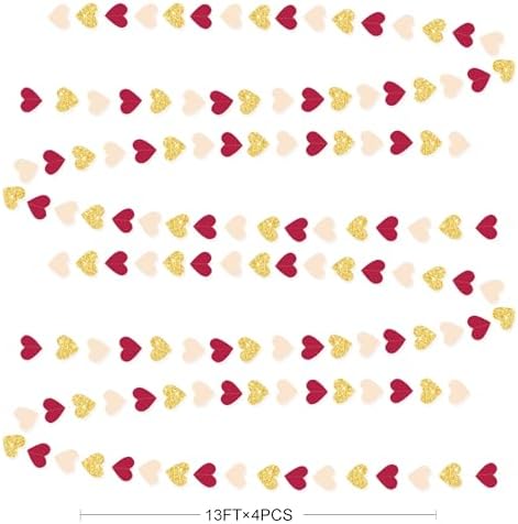 Maroon Gold Party Decorations Burgundy Beige Glitter Gold Paper Love Heart Hanging Banner Garland Streamer for Birthday Wedding Anniversary Engagement Valentines Day Graduation Garnet Party Supplies - Image 2