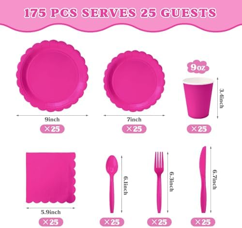 Vyntra 175 Pcs Hot Pink Paper Plates and Napkins Party Supplies - Image 2