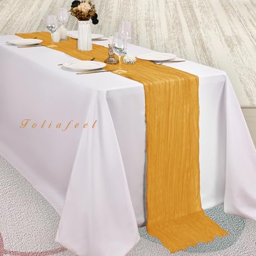 20 Pack Mustard 10FT Cheesecloth Table Runner Rustic Gauze Fabric Cheese Cloth Table Runner for Wedding Bridal Baby Shower Table Decor Boho Sheer Birthday Party Table Decorations 20 x 120 Inch Long - Image 4