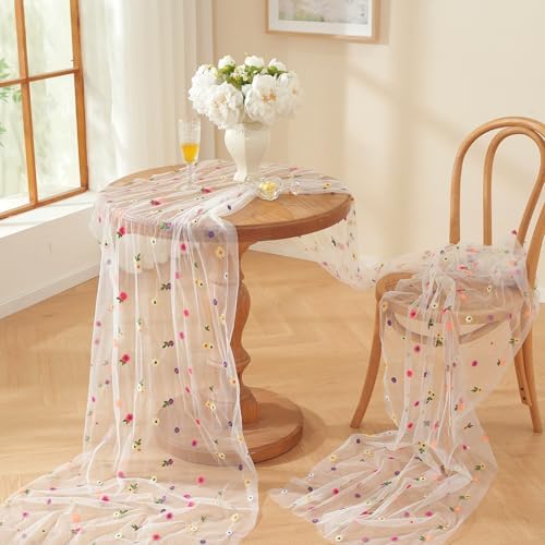 3pcs White Embroidery Daisy Fall Table Runner 10ft Florals Seasonal Tulle Table Runner Holiday Kitchen Dining Table Decoration for Home Party Indoor - Image 4