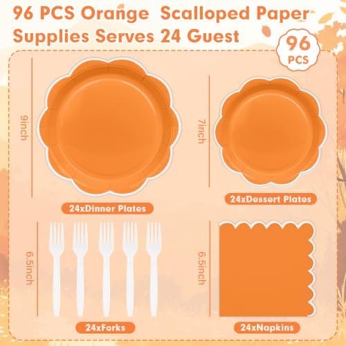 96 Pcs Fall Orange and White Paper Plates and Napkins Set Serve 24 Guests - Image 2