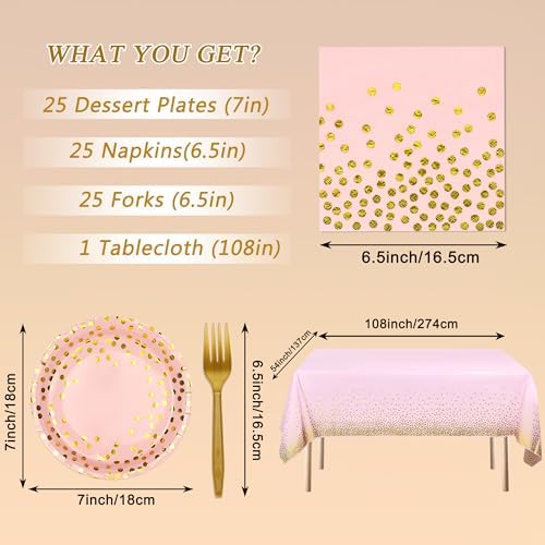 Pink and Gold Paper Plates and Napkins Tablecloth Party Supplies,Serves 25 Guests Pink Gold Plates and Napkins Tablecloth,Disposable Tableware Set for Birthday Wedding Bridal Shower Decorations - Image 2
