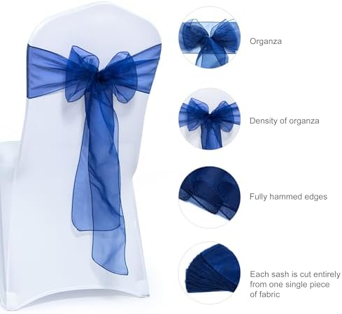 MDS Pack of 200 Organza Chair Sashes for Wedding & Event Décor – Navy Blue - Image 6