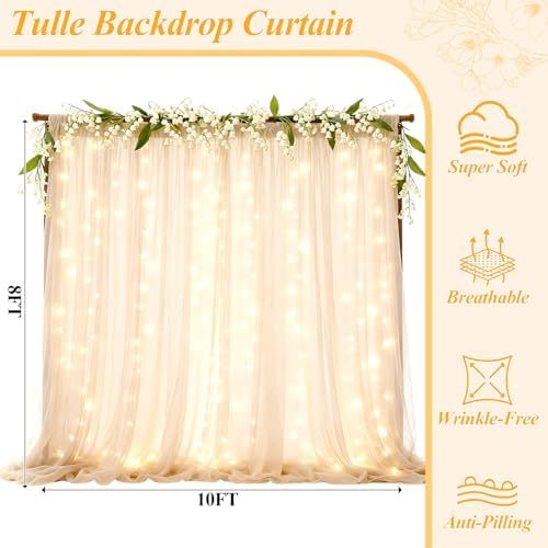 Ledido 10×8ft Beige Tulle Backdrop Curtains with Lights(2 Panels 5×8ft) - Image 2