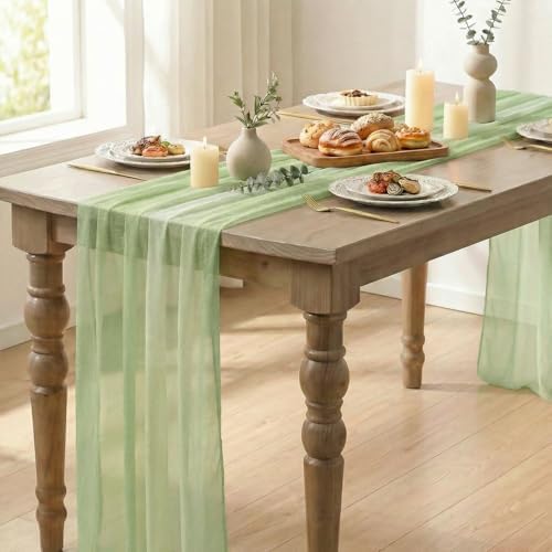 Artoid Mode Boho Green Stripes Spring Chiffon Table Runner 120 Inches 10FT,Seasonal Fabric Kitchen Dining Holiday Table Decor for Home Party - Image 5