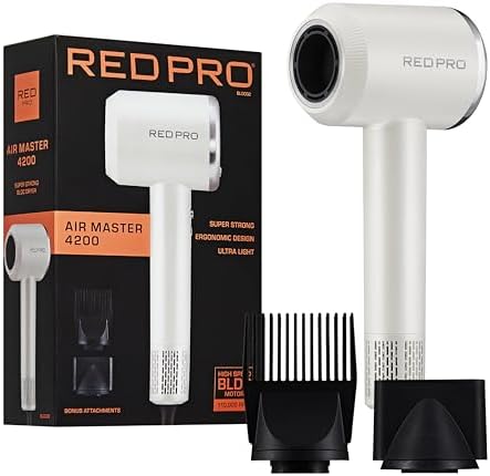 RED Pro Ultra-Lightweight Air Master 4200 Hair Dryer, High-Speed 110,000 RPM BLDC Motor, 3 Heat & 3 Speed Settings, Magnetic Nozzle & Styling Pik Attachments, Lightweight Blow Dryer (White) by REDPro