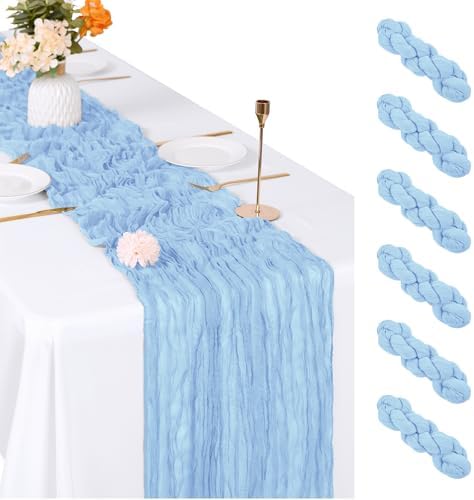 6 Pack Baby Blue Cheesecloth Table Runner, 17 x 108 inch, Semi Sheer Boho Cheese Cloth Fabric Table Runner Bulk for Wedding , Birthday, Party, Holiday, Home Decor (Baby Blue) by ACSUIT