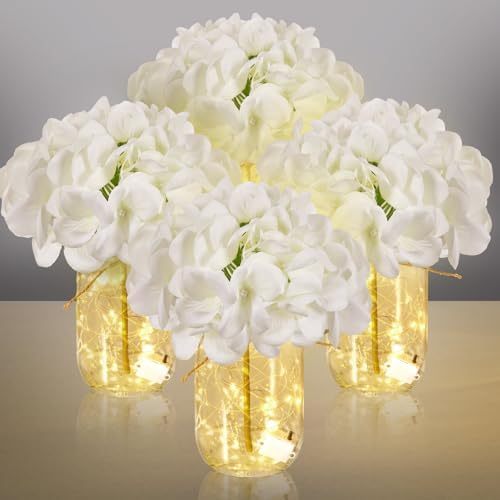 4 Sets Hydrangea Mason Jar Centerpiece with LED Lights for Wedding by Tianxunewtig
