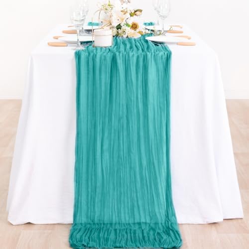 Teal Blue Table Runner Boho Fall Cheesecloth Table Runner Dinning Decor - Image 3