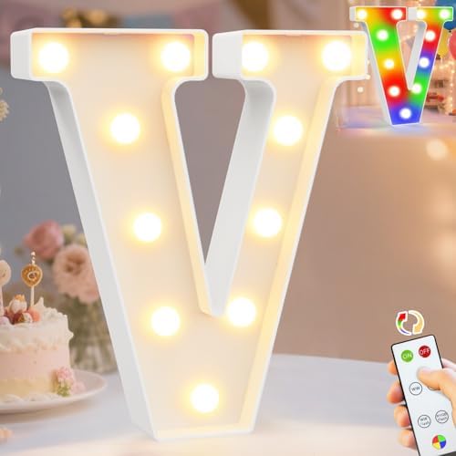 Pooqla LED Light Up Letters, Warm White and Colorful Lighted Marquee Letters with Remote, Lighted Letter for Party Birthday Decorations, Gift for Girls Boys Night Light, Wedding Home Decor, Letter V by Pooqla