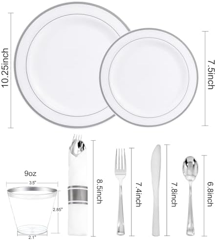 WELLIFE 350Pcs Silver Plastic Plates for 50 Guests - Disposable Dinnerware Set, Party Supplies Includes 100 Silver plates,150 Silverware,50 Napkins,50 Cups, Plastic Plates for Party and Wedding - Image 2