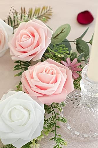 Floroom Artificial Flowers 25pcs Real Looking Blush Ombre Colors Foam Fake Roses with Stems for DIY Wedding Bouquets Bridal Shower Pink Centerpieces Floral Arrangements Party Tables Home Decorations - Image 5
