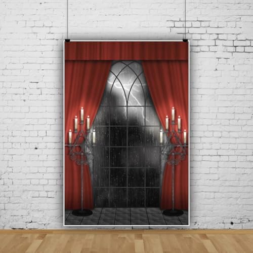 Renaiss 4x6ft Vintage Gothic Window Backdrop Red Curtain Candlestick Black Floor Lightning Stormy Sky Vampire Medieval Castle Photography Background Halloween Dress Up Party Decors Photo Booth Props - Image 4