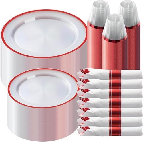 Goodluck 350 Pcs Clear Red Plastic Dinnerware Sets for Party for 50 Guests by GoodLuck