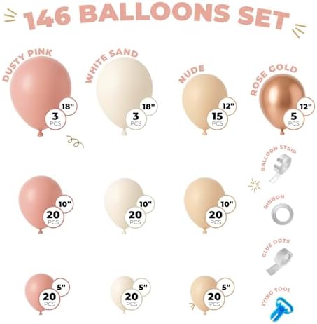 Vellax 146-Pc Balloon Garland Kit, Dusty Pink, Nude & Rose Gold DIY - Image 2