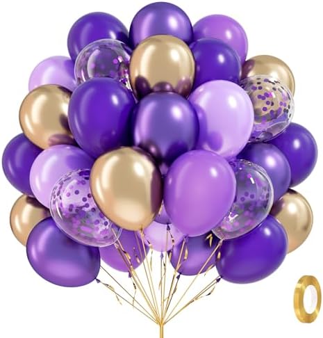 60pcs 12inch Purple and Gold Balloons with Metallic Gold Confetti Balloons by Awenztech