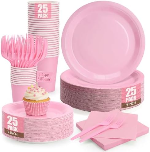 Light Pink Plates and Napkins Party Supplies, Include 9’’ Pink Disposable Paper Plate, 7’’ Dessert Plates Cups Napkins Forks Set for Birthday, Baby Shower Wedding, Party Decorations for Serves 25 by CENLBJ