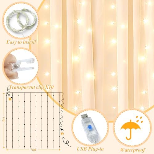 Ledido 10×10ft Champagne Tulle Backdrop Curtain with Light(2 Panels 5×10ft) - Image 3