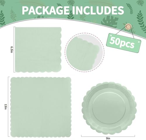 100Pcs Sage Green Plates and Napkins - Disposable Sage Green Scalloped Paper Plates & Napkins Serves 50,Green Party Supplies for Baby Shower Wedding Bridal Shower Birthday - Image 2