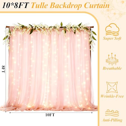 Ledido 10×8ft Pink Tulle Backdrop Curtains with Lights(2 Panels 5×8ft) - Image 2