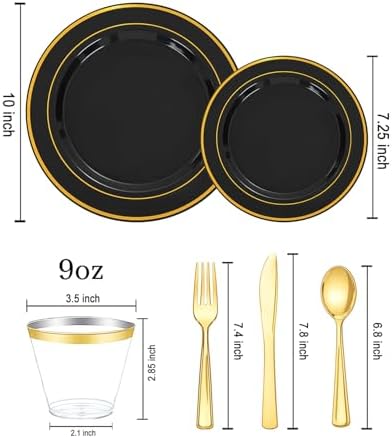 bUCLA 150 Pieces Black and Gold Disposable Dinnerware Set - 25 Guests Black Gold Plastic Plates Include 25 Dinner & 25 Dessert Plates, 25 Spoons, 25 Forks, 25 Knives, 25 Cups for Party & Graduation - Image 2