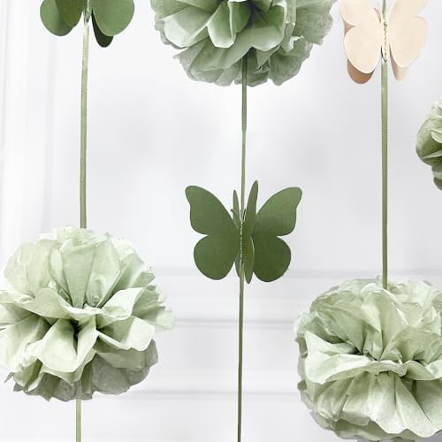 Sage Green Party Decorations Tissue Flowers Pom Pom Olive Green Beige 3D Butterfly Hanging Paper Garland Streamer Banner for Spring Themed Birthday Wedding Shower Tea Party Home Decor Supplies - Image 6