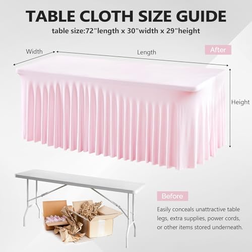 Wish Care 6 Pack Pink Spandex Table Clothes for 6 Foot Rectangle Tables, 6FT Wrinkle Free Fitted Tablecloths Ruffles Design Table Cover for Party, Banquet, Wedding and Events - Image 3