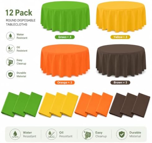 12 Pcs Fall Round Plastic Tablecloth, Yellow Orange Green Coffee - Image 4