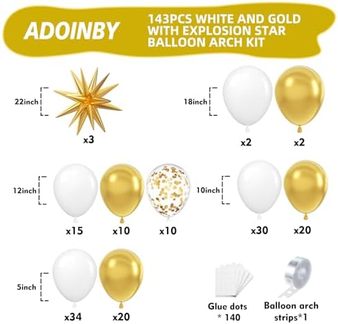 White and Gold Balloon Arch Kit, 146Pcs Explosion Star White Metallic Gold Latex Balloon Garland kit, 22 18 12 10 5 Inch Different Size Balloons for Anniversary Birthday Engagements Party Decorations - Image 2