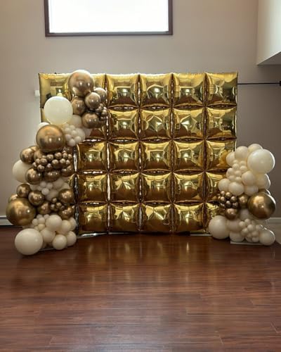 50pcs Metallic Gold Square Foil Balloons Wall Backdrop with 79pcs Metallic Gold Balloon Garland Arch Kit, Double Sided Balloon Tunnel for Anniversary Graduation Birthday New Year Decorations - Image 5