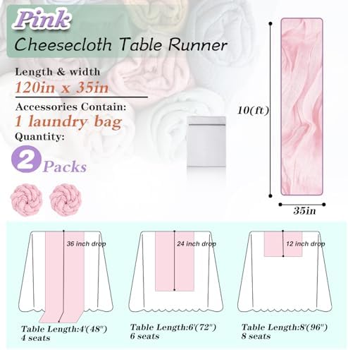 Pink Cheesecloth Table Runner 2 Pack 35" Boho Gauze Runner 120 inches Long Runner Rustic Sheer Fabric Bulk for Boho Baby Shower Wedding Bridal Birthday Party Table Decorations - Image 2