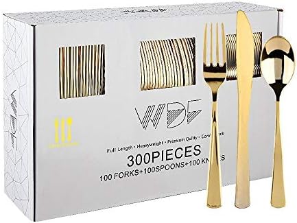 WDF300 Pieces Gold Plastic Silverware - Heavy Duty Disposable Cutlery Set Plastic Gold Silverware Set Includes 100 Forks, 100 Spoons, 100 Knives for Party/Baby Shower/Wedding/Birthday/Thanksgiving by WDF