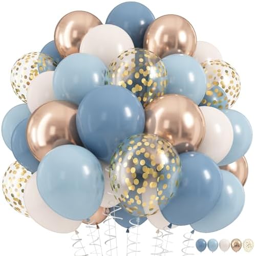 Dusty Blue Balloon Set, 60Pcs 12 Inch Slate Muted Baby Blue Fog Pastel Light Blue White Sand Balloon with Metallic Confetti Champagne Gold Balloons for Boy Birthday Party Baby Bridal Shower Decortaion by HILAVO