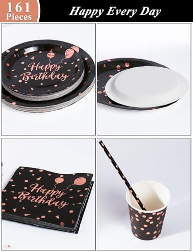 Nkaiso 161 Pcs Black Rosegold Birthday Plates and Napkins Set -20 Serves - Image 2