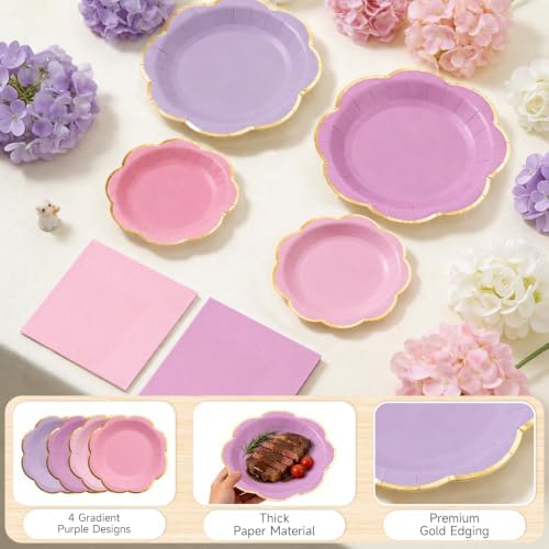 OuMuaMua 60pcs Pink and Purple Disposable Paper Plates & Napkins Set for 20 - Image 4
