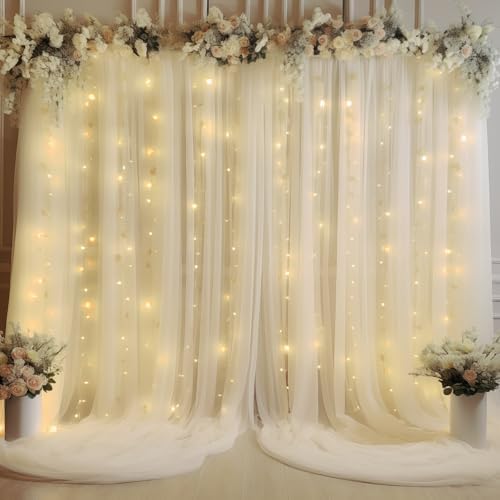 20×10ft Cream White Tulle Backdrop Curtain with Lights String for Parites, Sheer Curtain Backdrop Drapes for Wedding Party Home Decorations - Image 2
