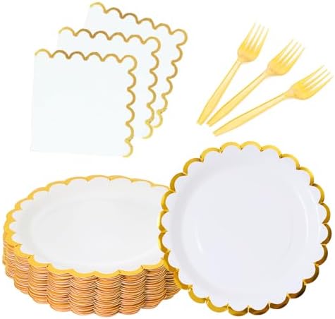 White scalloped party plates with napkins and fork gold foil border, 24 Guest disposable Tableware Set Party Decoration for Birthday Coquette Bridal Baby Shower Valentines by Leapig