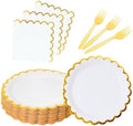 White scalloped party plates with napkins and fork gold foil border, 24 Guest disposable Tableware Set Party Decoration for Birthday Coquette Bridal Baby Shower Valentines by Leapig