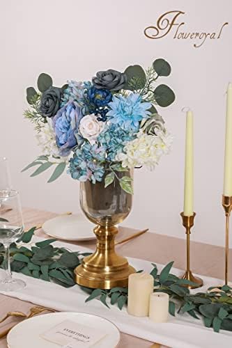 Floweroyal Artificial Flowers Combo Dusty Blue Flowers Mix Silk Flowers Dahlia Roses with Stems for DIY Wedding Bridal Bouquets, Baby Shower, Floral Arrangement, Table Centerpieces, Home Decorations. - Image 5