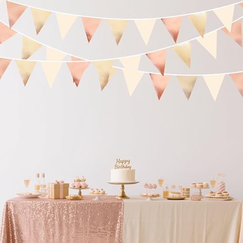 Rose Gold Champagne Gold Beige Party Decorations Metallic Fabric Triangle Flag Pennant Banner Garland Bunting for Engagement Bridal Shower Wedding Birthday Baby Shower Graduation Decoration Supplies - Image 6