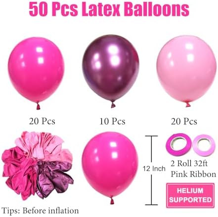 Pink Balloons Metallic Pink Balloon, 50Pcs 12Inch Hot Pink Chrome Pink Latex Balloons Light Pink Balloon and Dark Magenta Pink Balloons for Birthday,Baby Shower,Princess Theme Party Decorations - Image 2