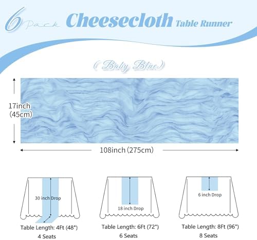 6 Pack Baby Blue Cheesecloth Table Runner, 17 x 108 inch, Semi Sheer Boho Cheese Cloth Fabric Table Runner Bulk for Wedding , Birthday, Party, Holiday, Home Decor (Baby Blue) - Image 3