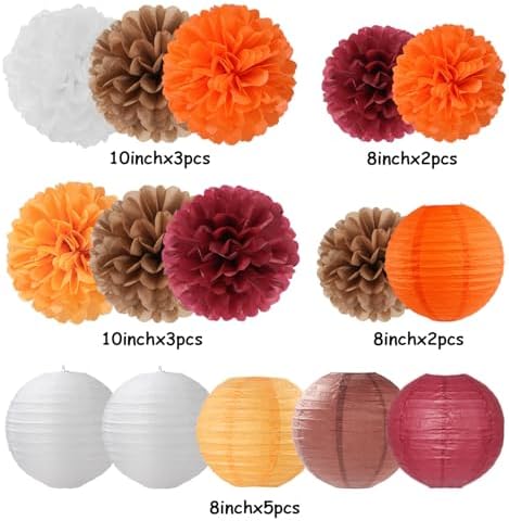 Brown Burgundy-Orange Party-Decorations Paper-Flowers Lanterns - 15PCS Fall Boho Tissue Pom Poms Streamers,Baby Bridal Shower Rustic Wedding Neutral Birthday Coffee Halloween ThanksgivingDecor Hugfond - Image 6